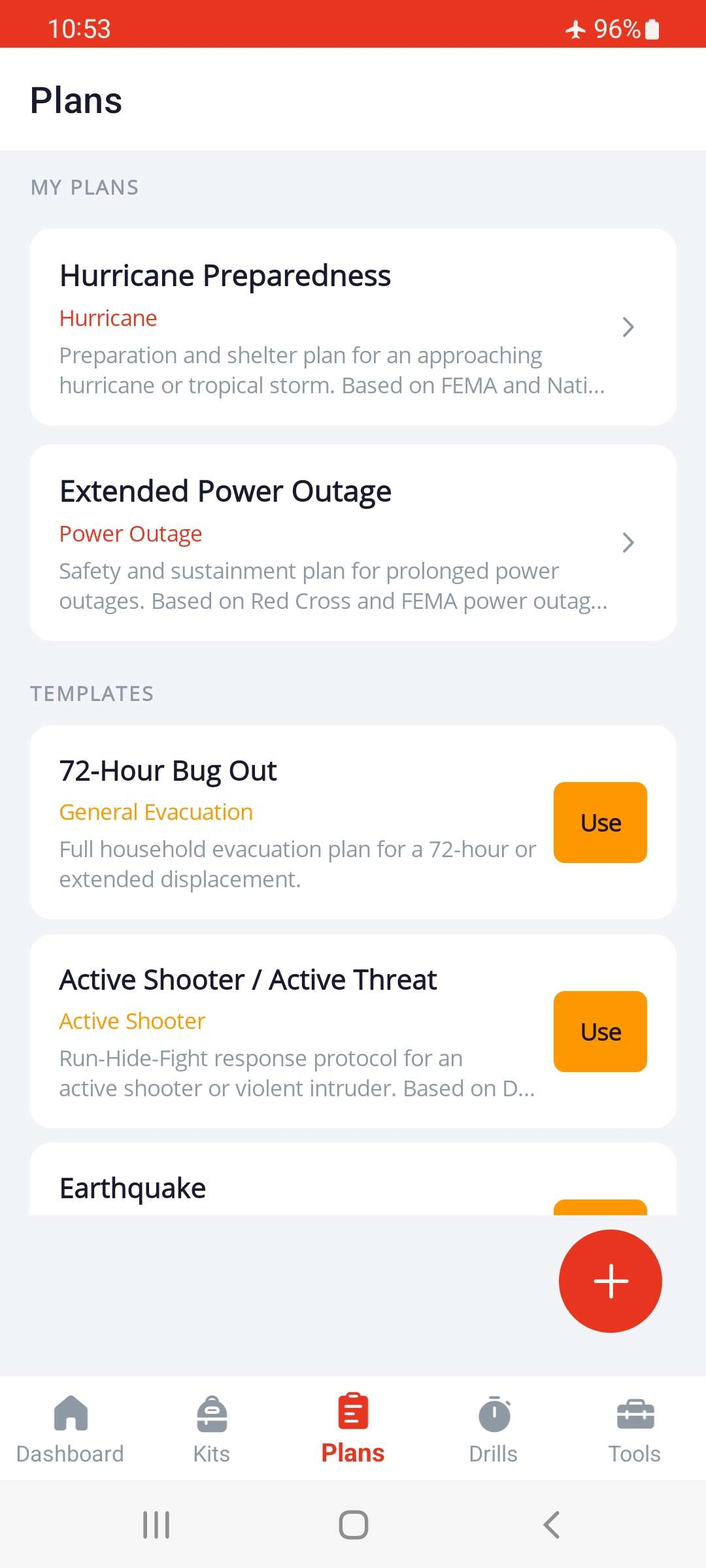 ReadyUp emergency plans screen